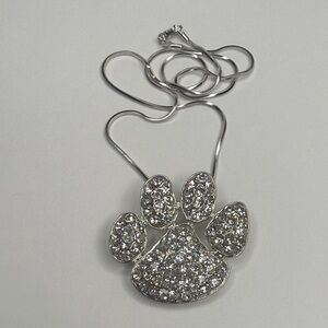 Silver Tone Dog Paw Pendant Necklace with Rhinestones- Women Jewelry